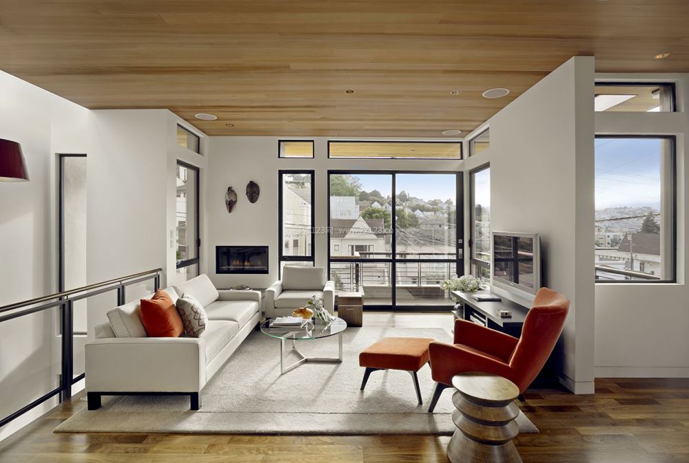 现代简约客厅木质吊顶装修效果图片