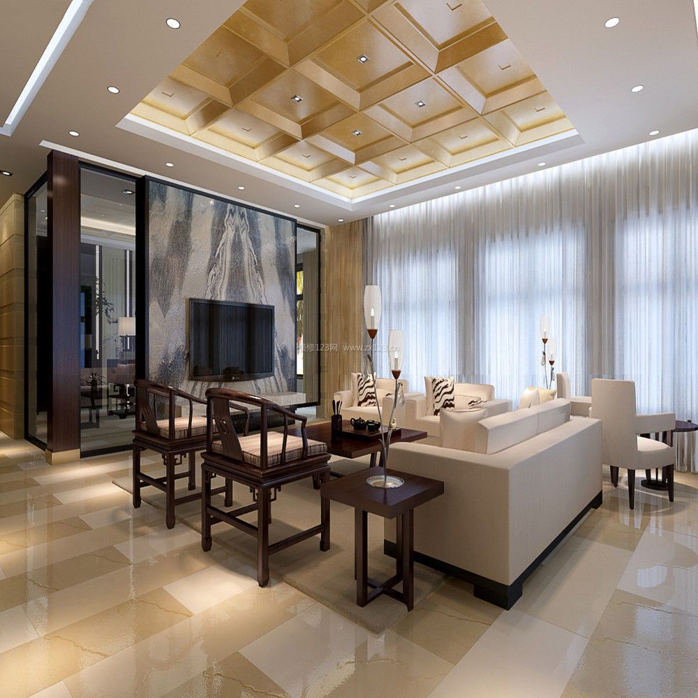 新中式风格客厅白色窗帘装修效果图片