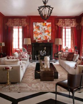 最新简欧客厅红色墙面装修效果图片大全