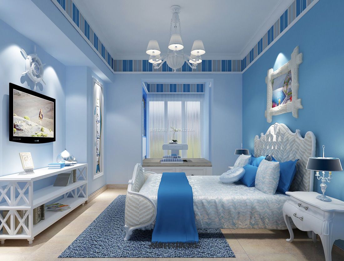 地中海风卧室蓝色墙面装修效果图片