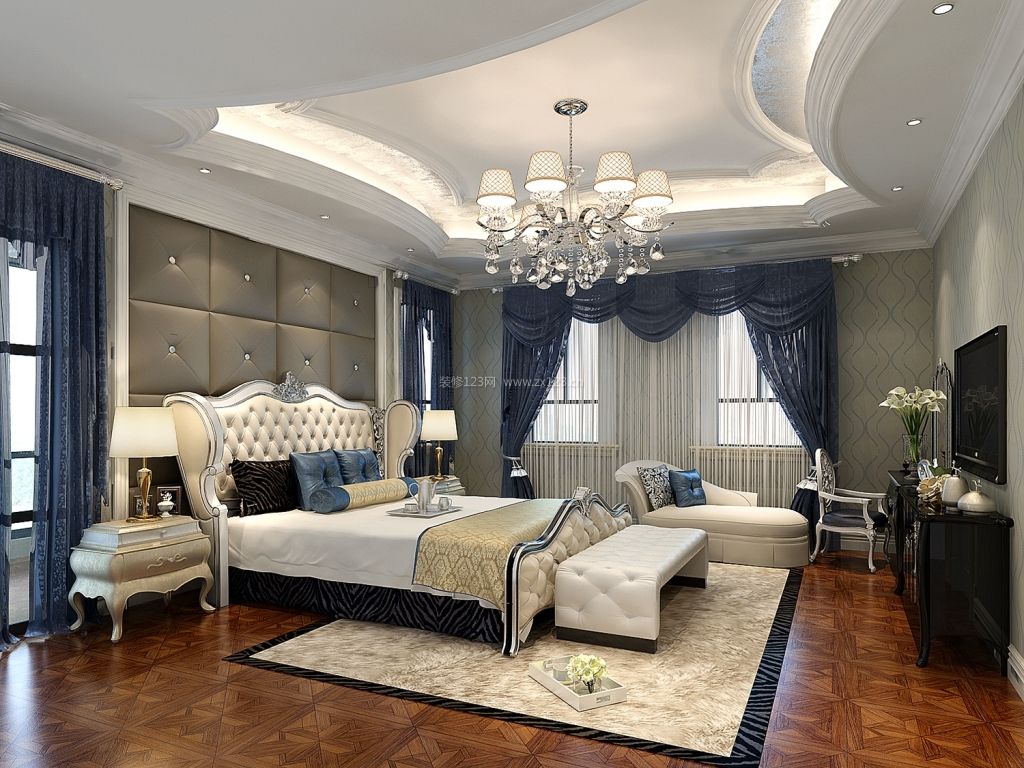 现代欧式风格卧室蓝色窗帘装修效果图片