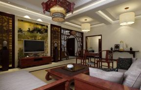 中式风格室内客厅电视背景墙装饰山水画设计