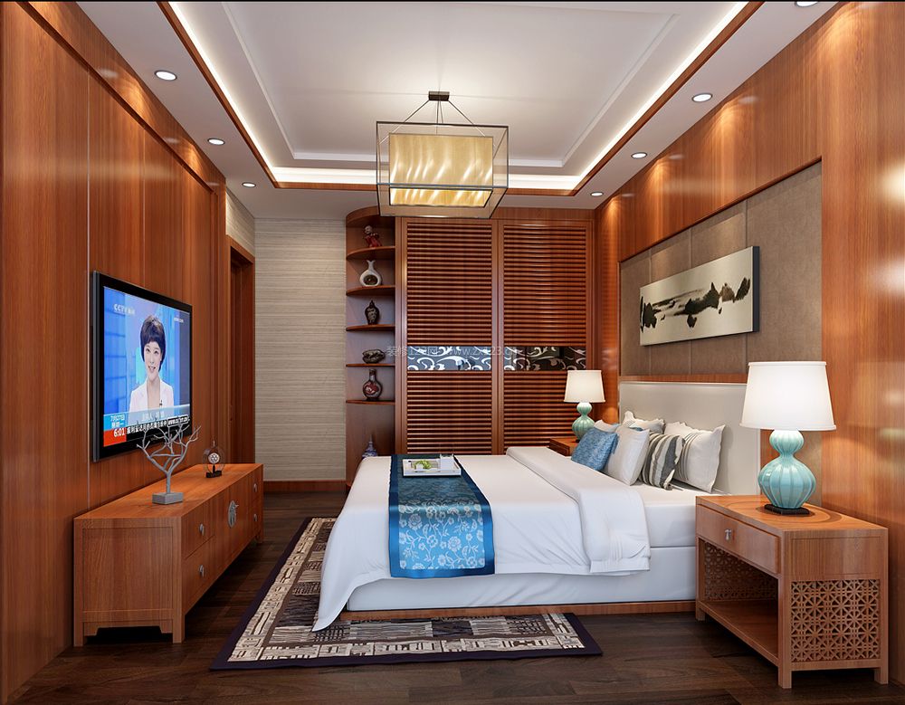 现代中式家装卧室木质电视背景墙装修效果图片