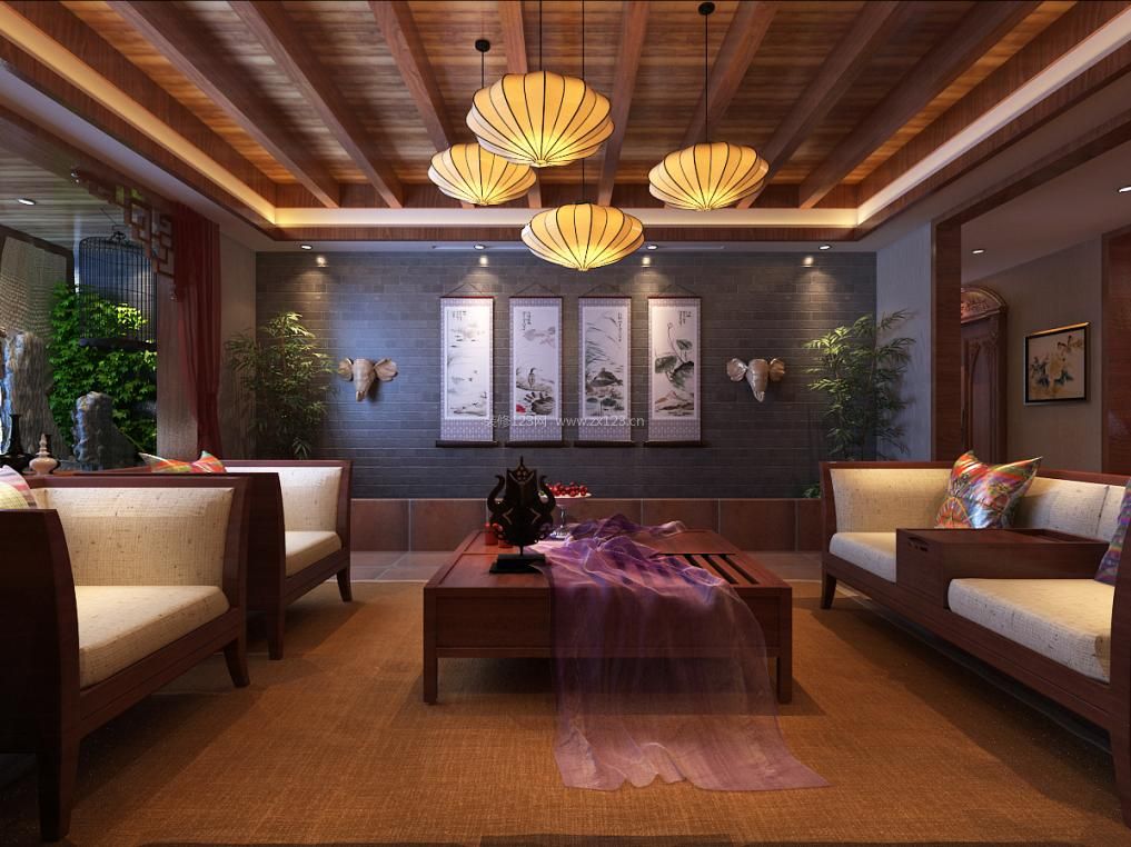 新中式风格客厅木质吊顶装修效果图片