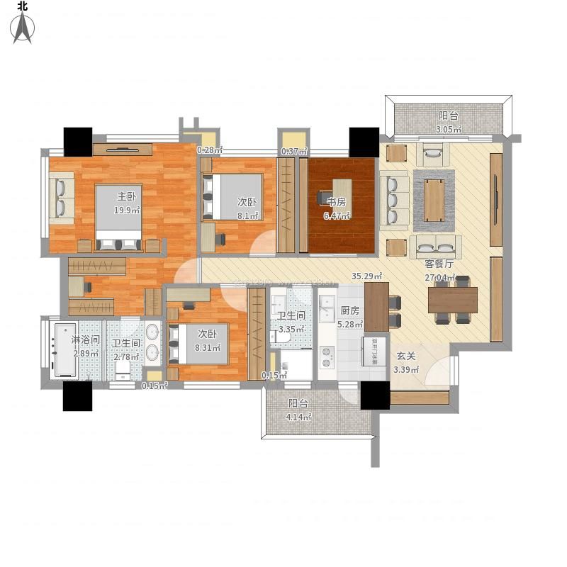 120平米四室兩廳兩衛(wèi)戶型圖