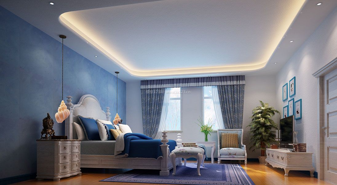 纯美地中海卧室蓝色墙面装修效果图片大全