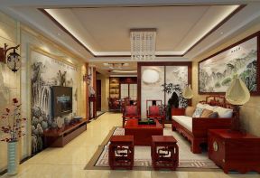 中式风格客厅装饰山水画效果图