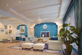 纯美地中海客厅蓝色墙面装修效果图片