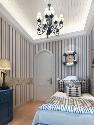 地中海单身豪华卧室条纹壁纸装修效果图片