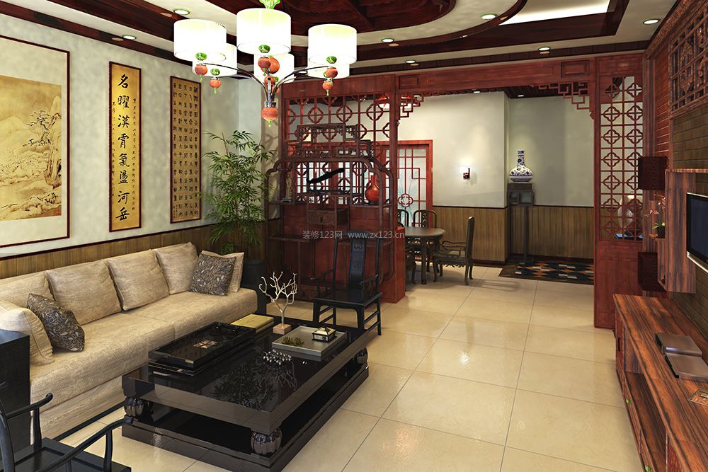 中式客厅镂空隔断装修效果图片