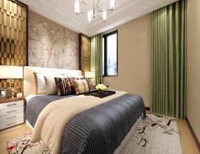 中式风格卧室图片 绿色窗帘装修效果图片