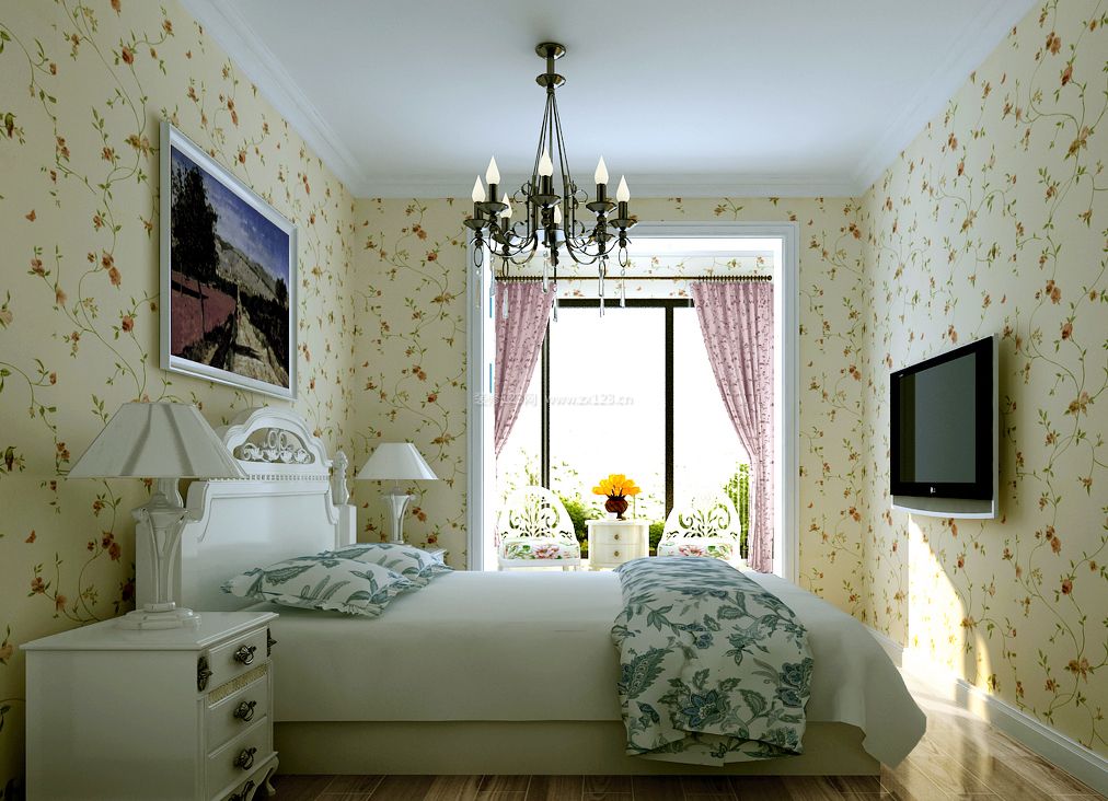 90后女生卧室风格花藤壁纸装修效果图片