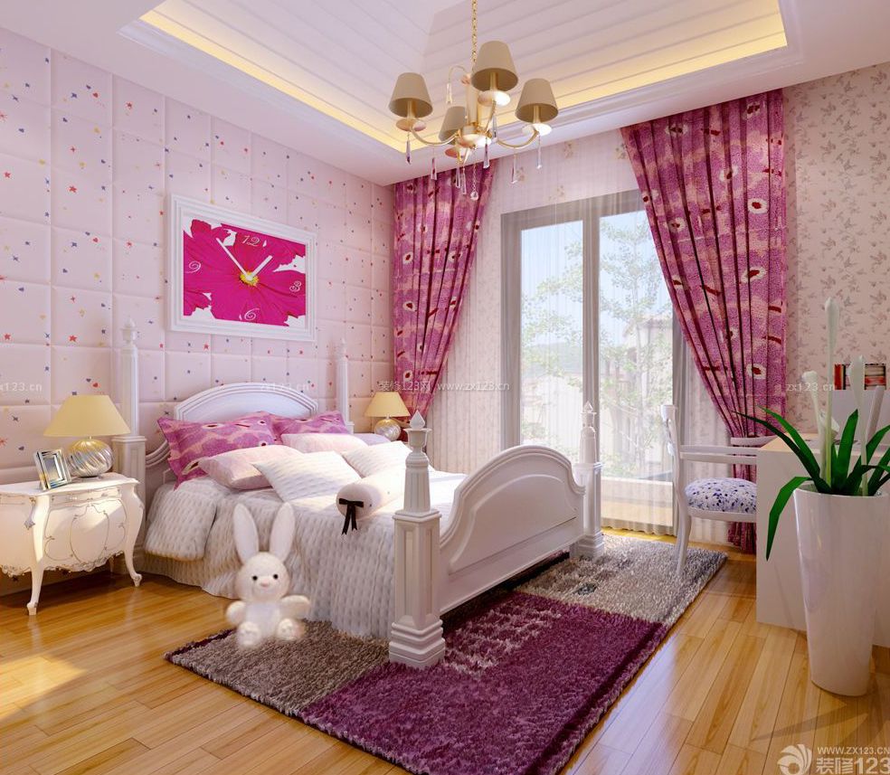 现代风格女生卧室床软包背景墙效果图