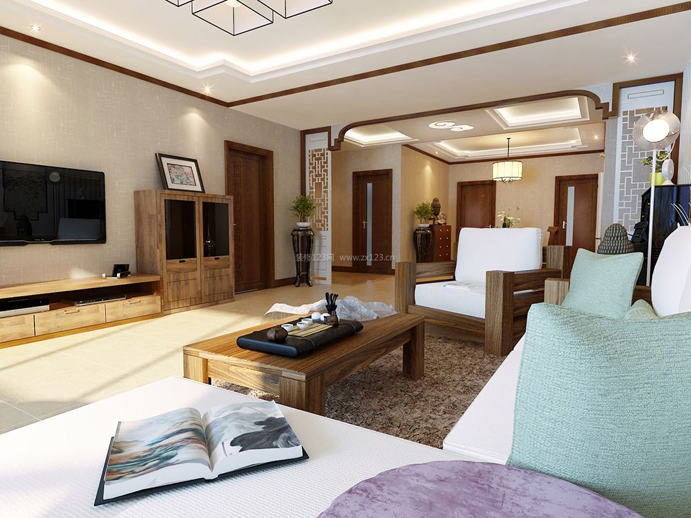 现代120平米中式家装客厅装修效果图片