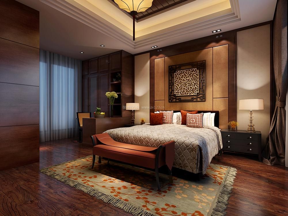 中式风格别墅卧室床头背景墙装修设计效果图片
