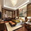 中式风格别墅卧室床头背景墙装修设计效果图