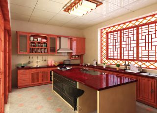 中式别墅建筑厨房橱柜装修效果图