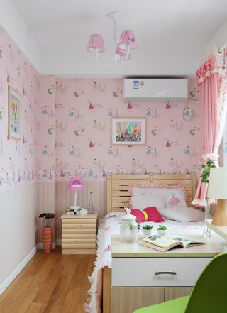 2023田园30平米儿童房粉色窗帘装修效果图片