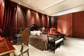 新古典别墅卧室红色窗帘装修效果图片