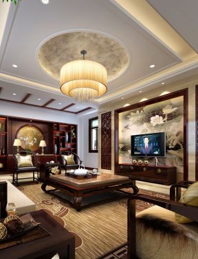 纯中式客厅 电视墙装饰架效果图