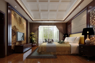 中式风格卧室电视墙装修设计效果图片