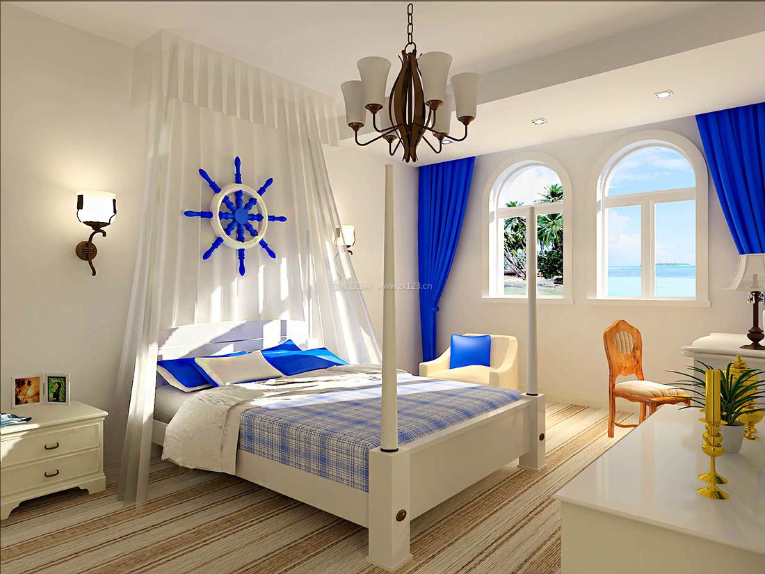 地中海卧室蓝色窗帘设计装修效果图片