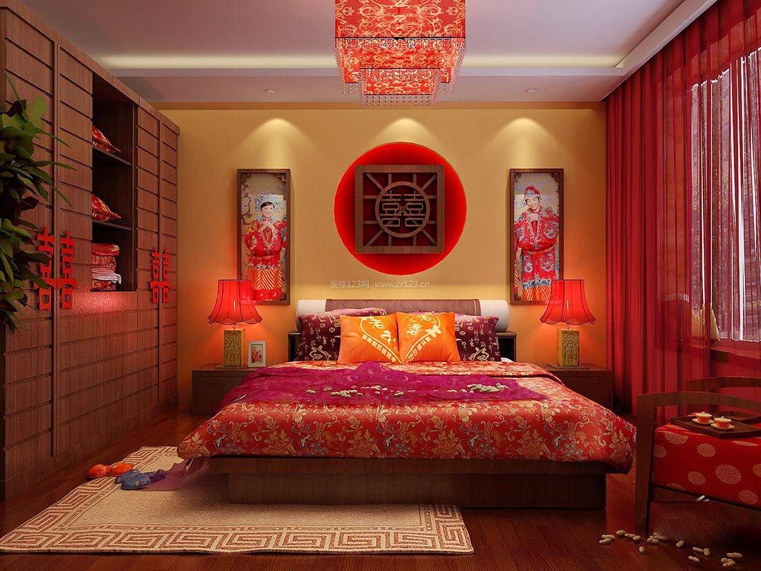 130平米新房卧室红色窗帘装修设计图