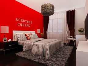 现代卧室装修效果图 酒红色窗帘装修效果图片