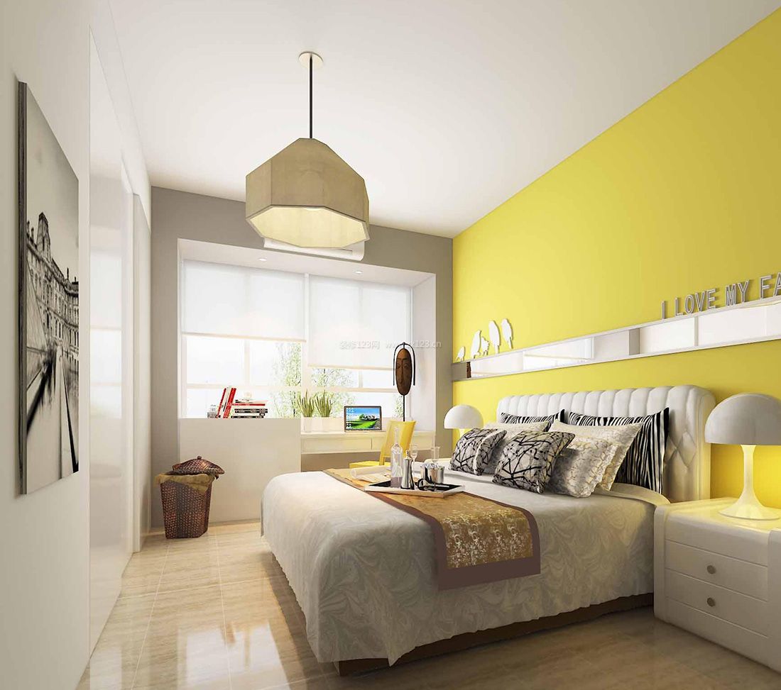 现代风格卧室双人床背景墙装饰装修效果图