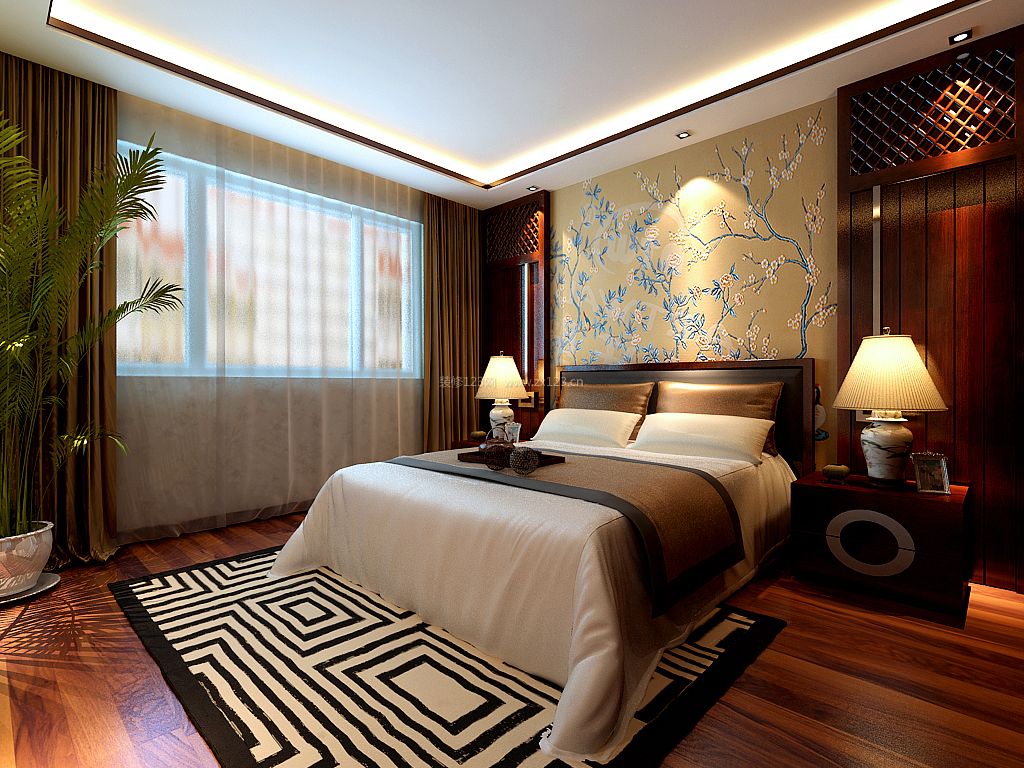 新中式风格卧室深褐色木地板装修效果图片