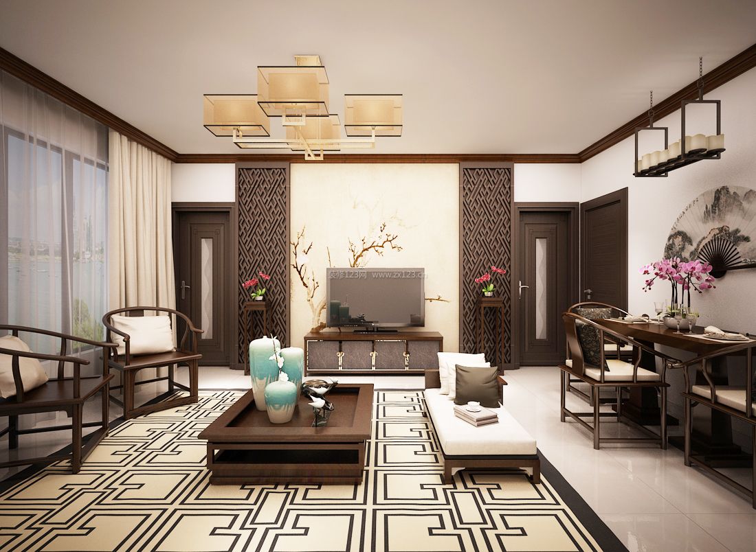 中式风格小户型客厅样板房装修效果图