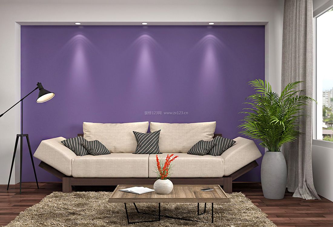 现代简约小户型客厅紫色墙面装修效果图片