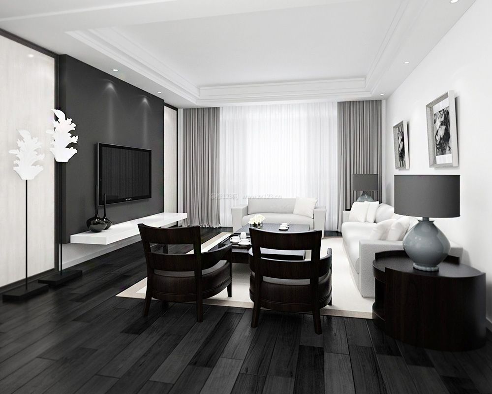 黑白现代简约客厅石膏板吊顶设计装修效果图片