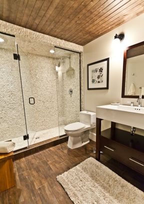 家庭小型卫生间室内深棕色木地板装修效果图片