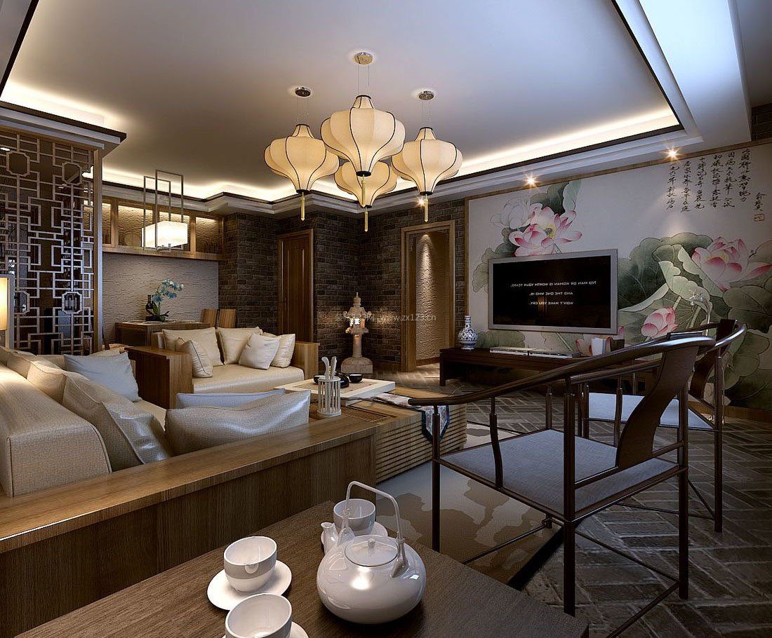 中式风格家居客厅吊灯装修效果图