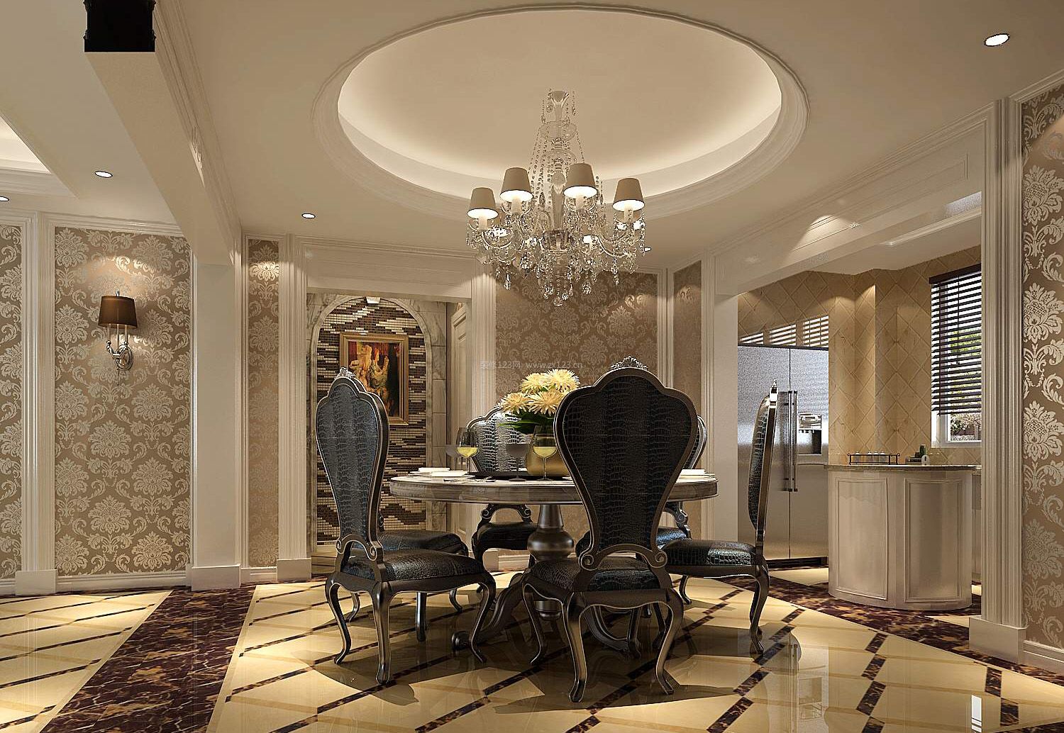 歐式餐廳圓餐桌裝修效果圖片欣賞2023