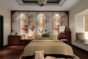 中式卧房床头背景墙壁纸装修效果图