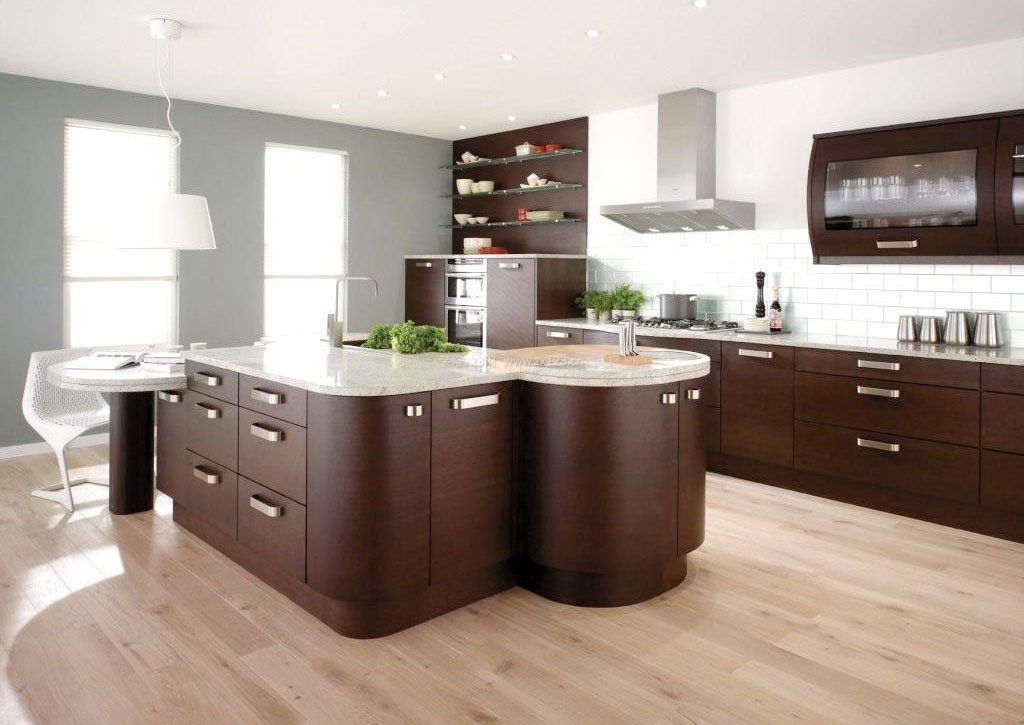现代简约式厨房浅色木地板装修效果图