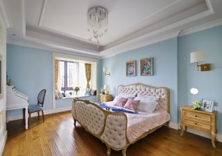 美式乡村风格样板房卧室蓝色墙面装修效果图片