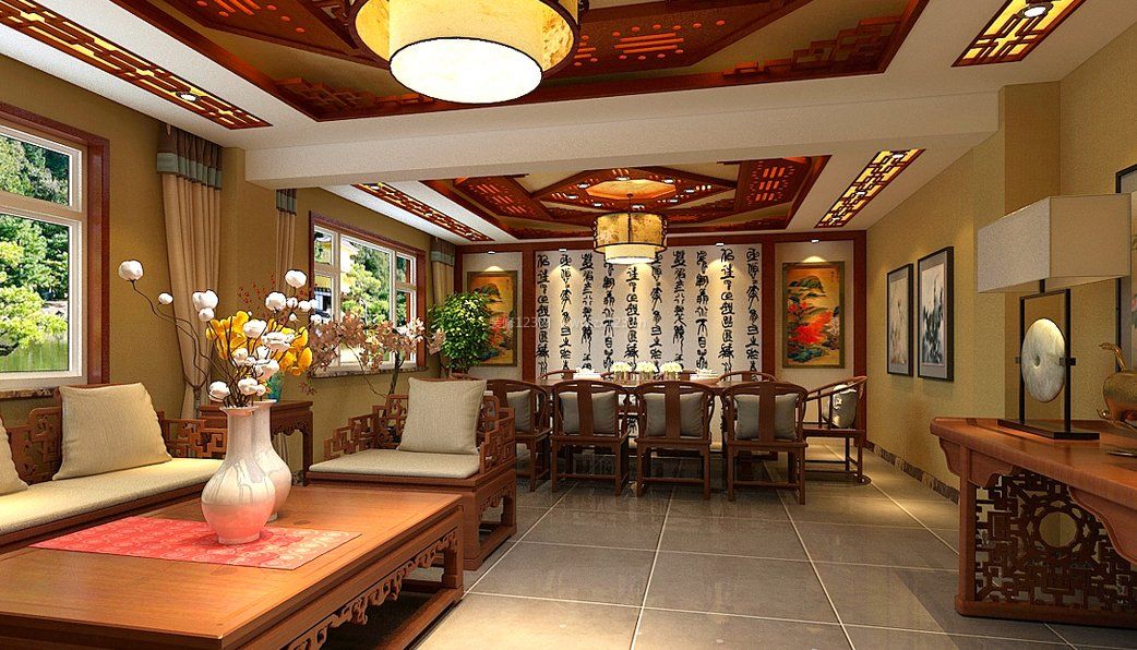 中式酒店設(shè)計(jì)元素復(fù)古茶樓效果圖