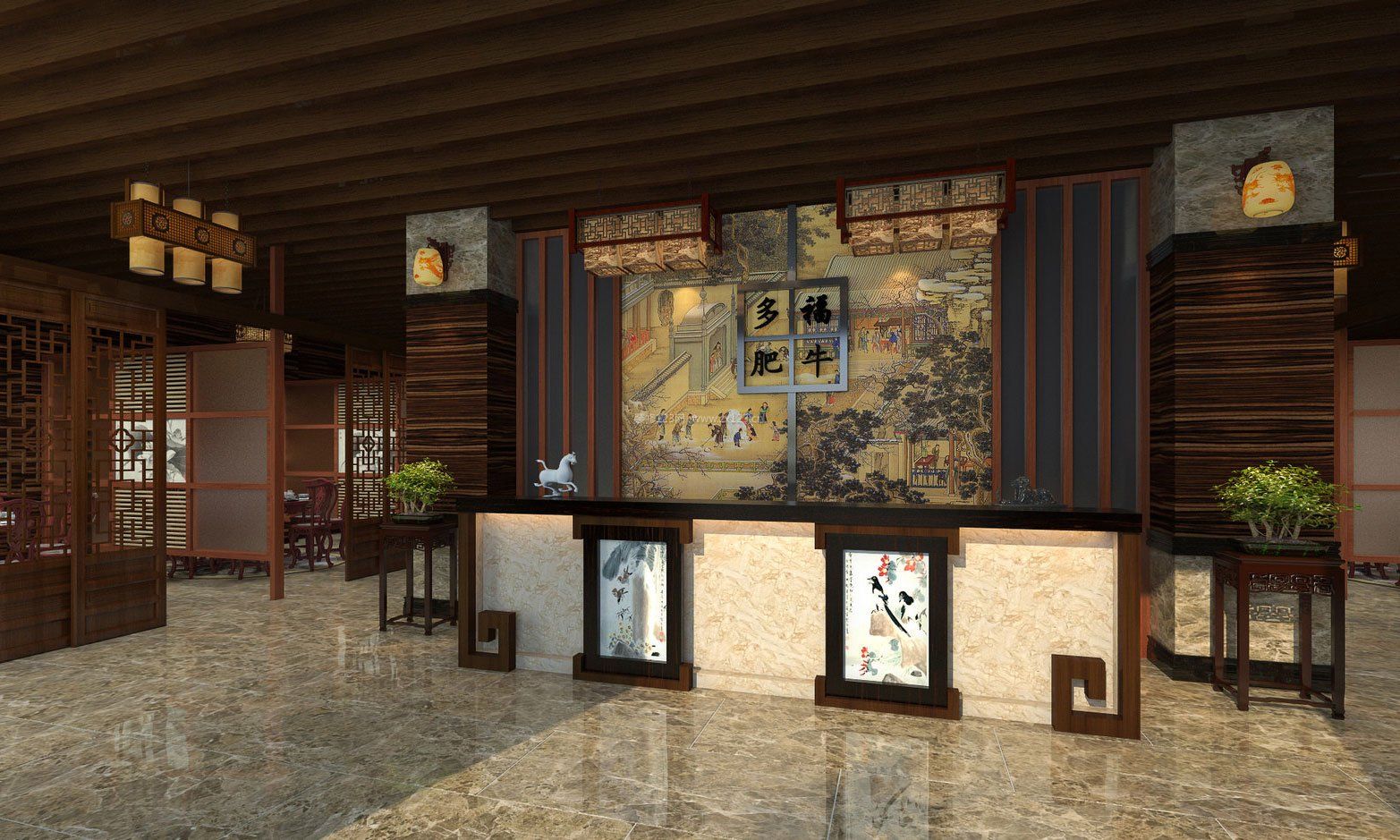 中式酒店设计元素前台效果图