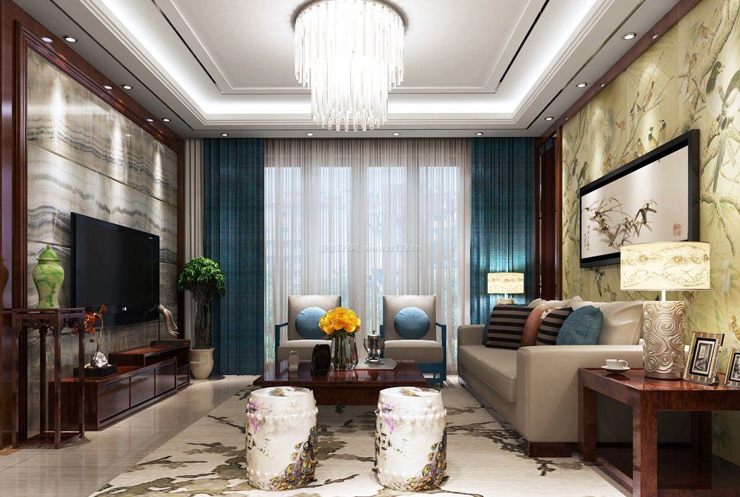 新中式别墅客厅窗帘设计欣赏