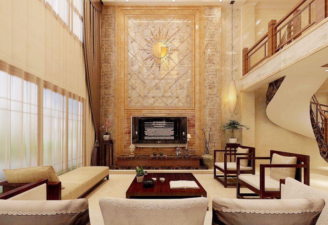 中式简约复式客厅电视背景墙设计装修效果图