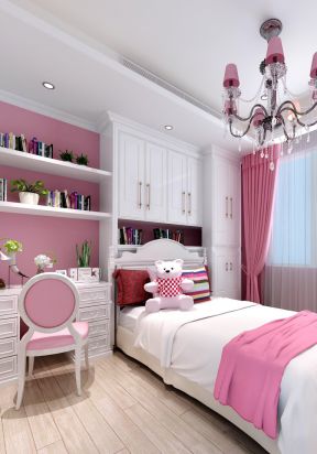 欧式女生卧室布置粉色窗帘装修效果图片
