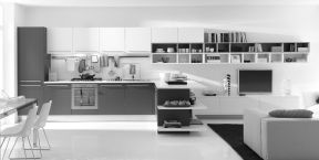 黑白现代风格 厨房客厅一体装修图