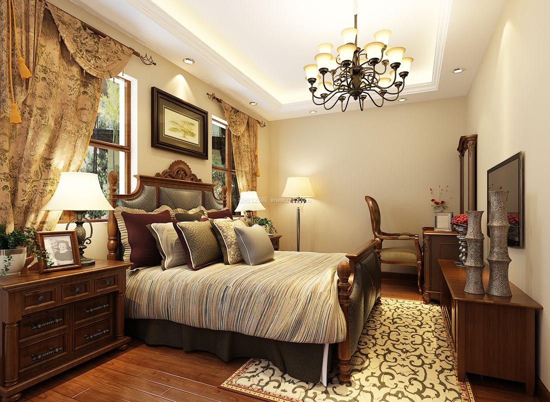 美式风格小别墅设计卧室实木地板效果图片