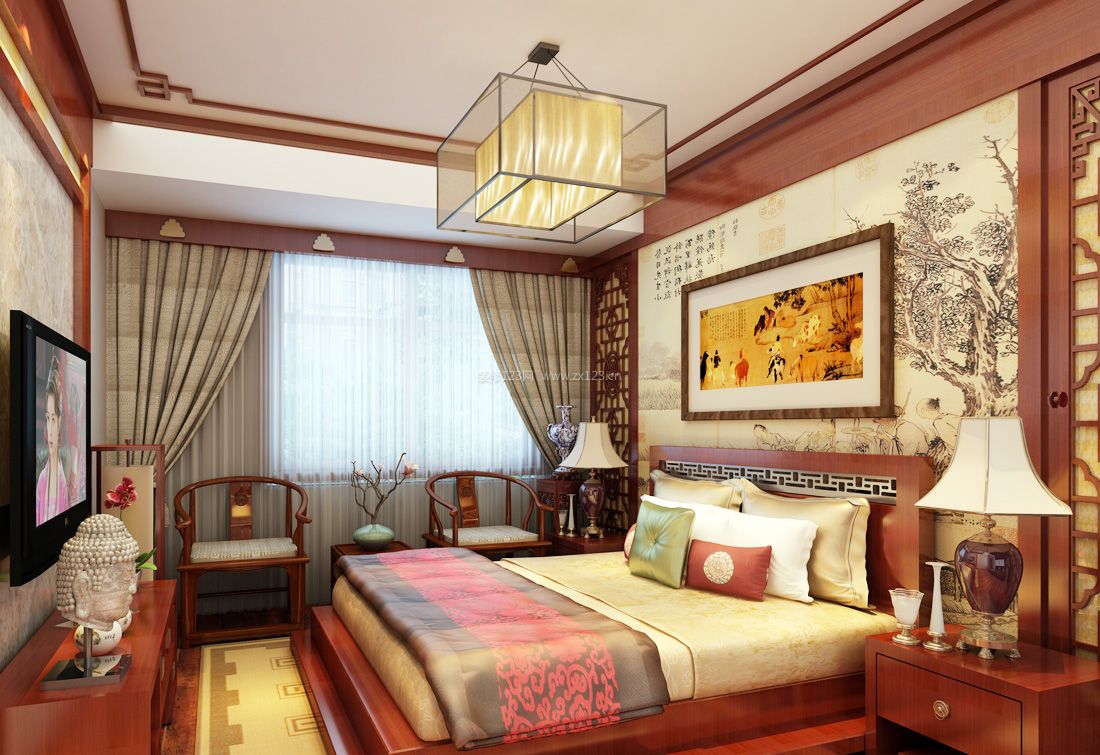 中式家装设计小房间卧室布置效果图