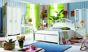 简欧别墅卧室效果图 绿色窗帘装修效果图片
