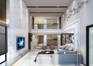 现代简约复式别墅客厅沙发装修效果图片2023