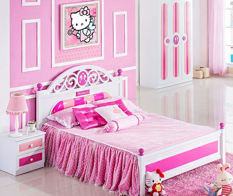 女孩卧室样板房床头背景墙设计效果图
